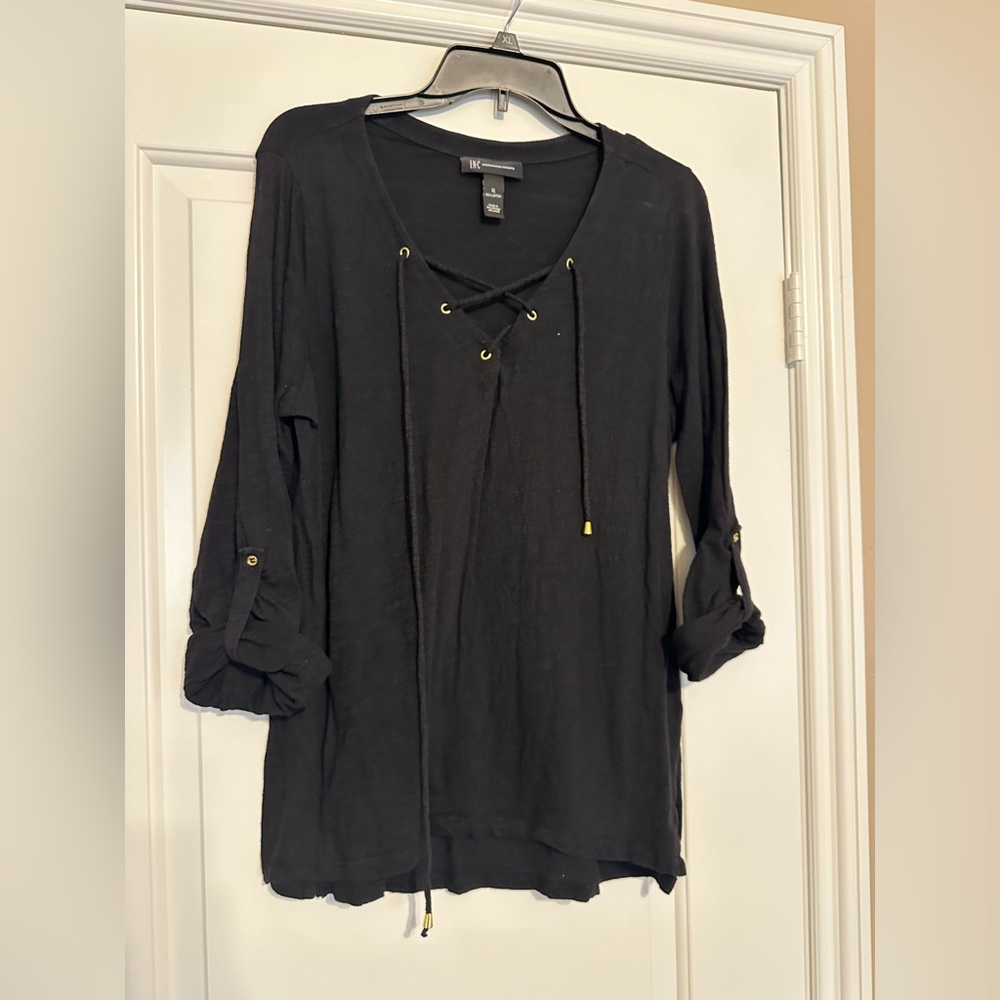 INC International Concepts Black V-Neck Lace-Up Top